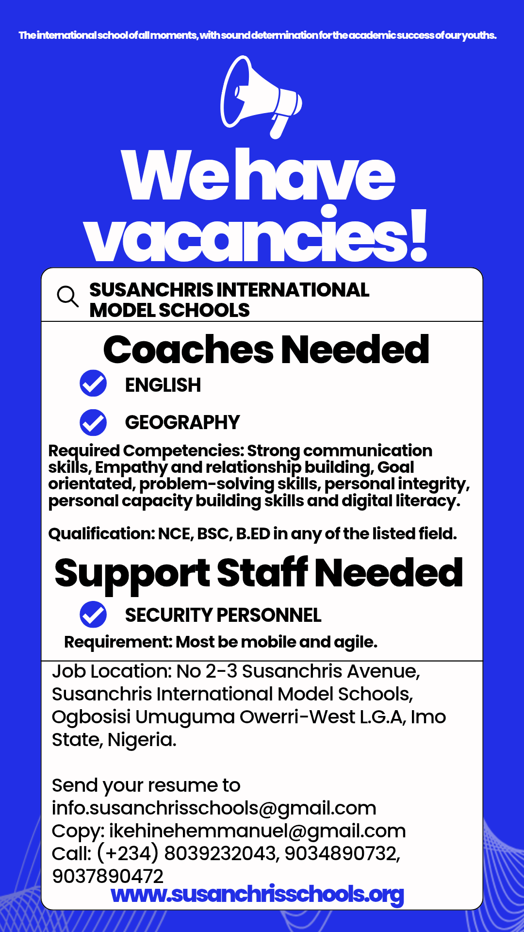 We Are Hiring — Susanchris International Model Schools